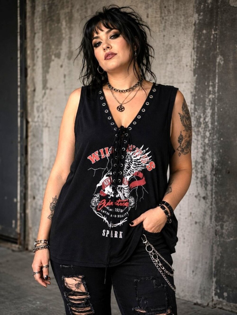 Shein SXY 3X Plus size Lace up Shirt Goth Punk New Biker Spark Alternative